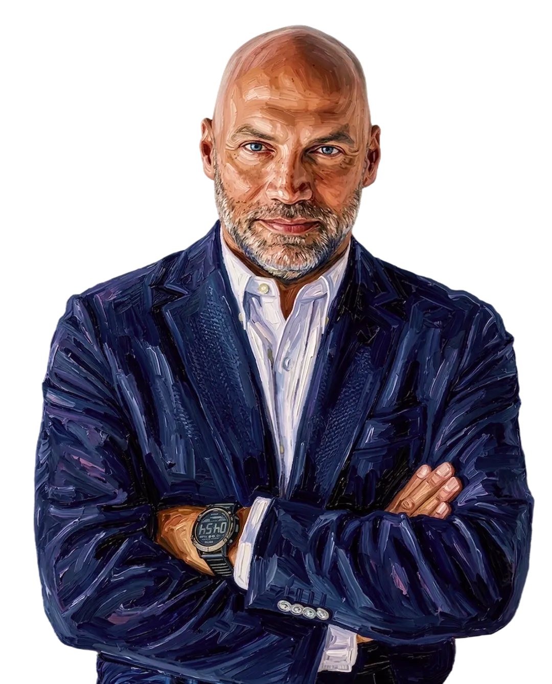 Painted portrait of Mountasser Hachem, founder of Zank, arms crossed in a navy blazer